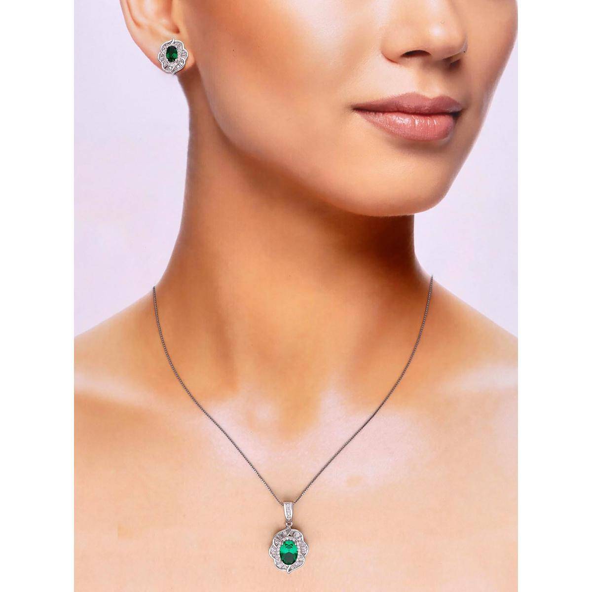 Kai Jewel Sterling Blooming Green Pave Necklace With Earrings Set