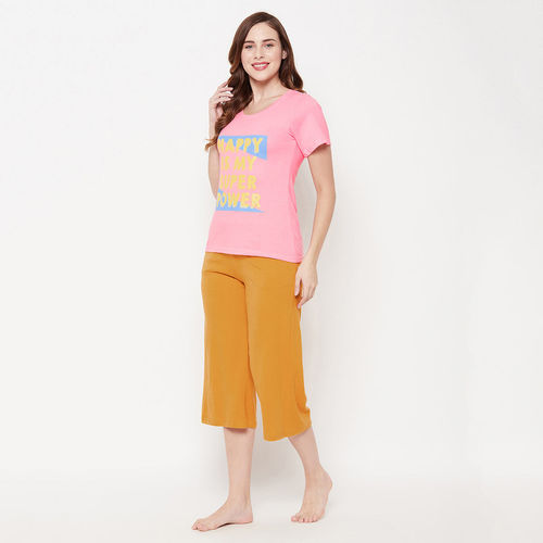 Clovia Happy Is My Superpower Top in Pink- Cotton Rich 