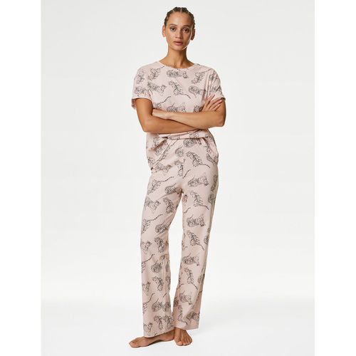 Marks Spencer Pure Cotton Tiger Print T-Shirt and Pyjama (Set of 2) (S)