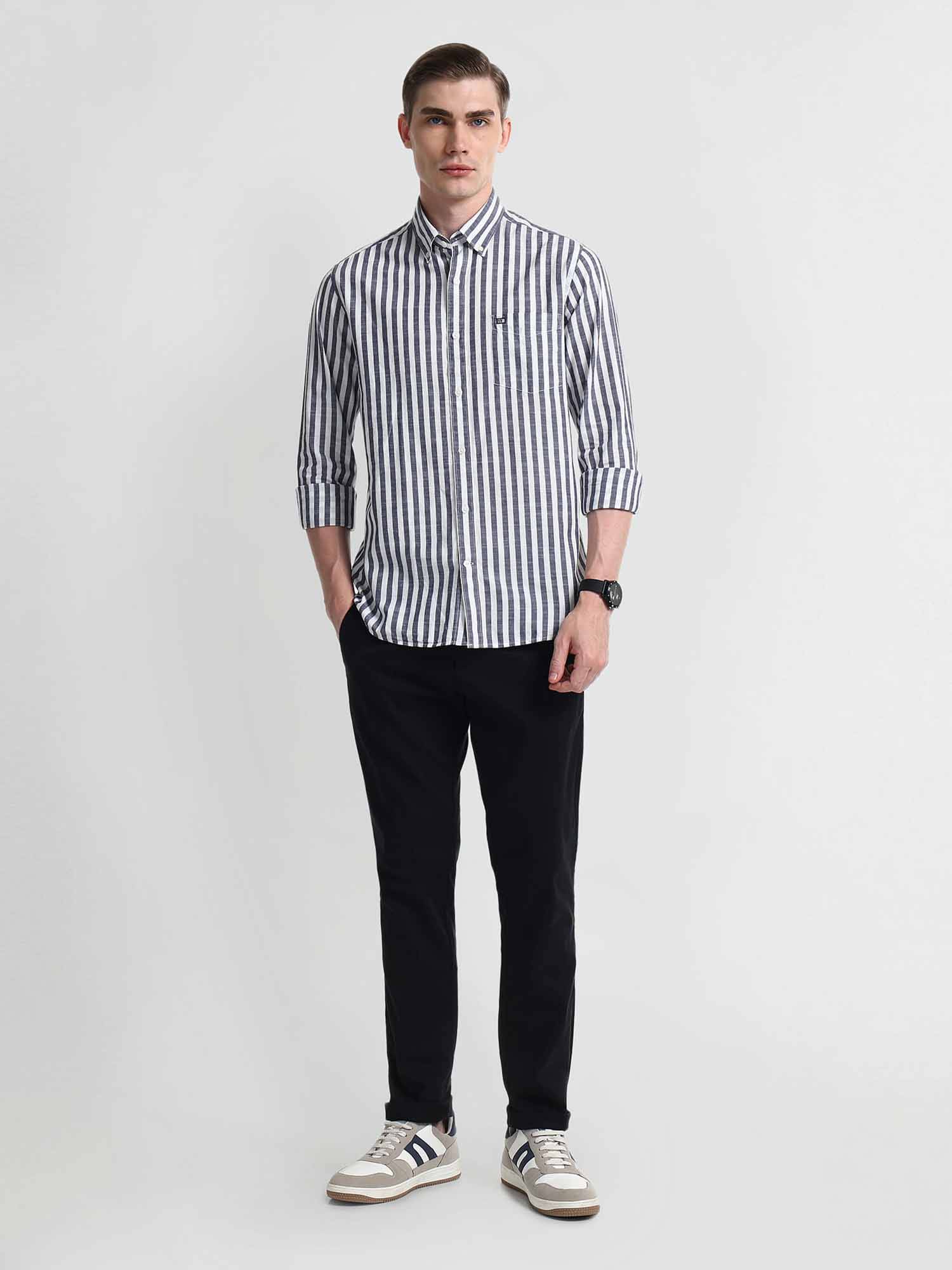 Buy Arrow Sports Navy Blue Slim Fit Vertical Stripes Shirt Online