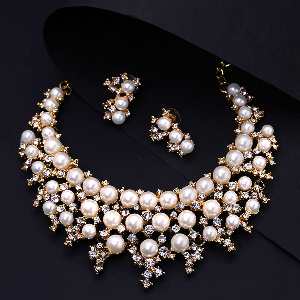 Yellow Chimes Party Wear Crystal Studded Pearl Choker Necklace Set