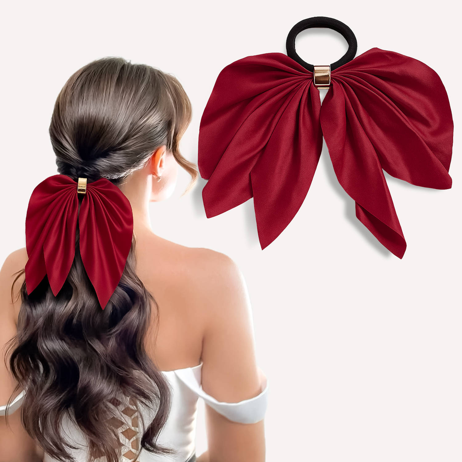 Majestique Satin Bow Hair Tie With Metal Clip - Red