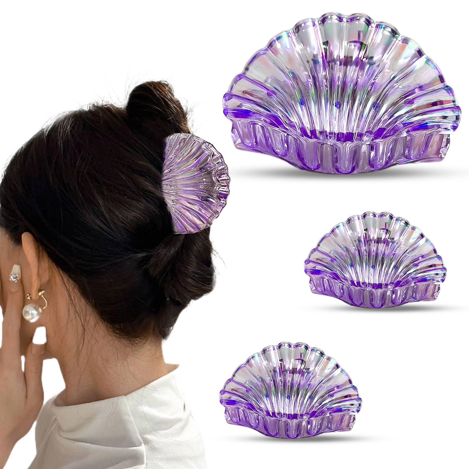Majestique Shell Clutcher Hair Clips With 1 Large And 2 Small Clips- Multicolor