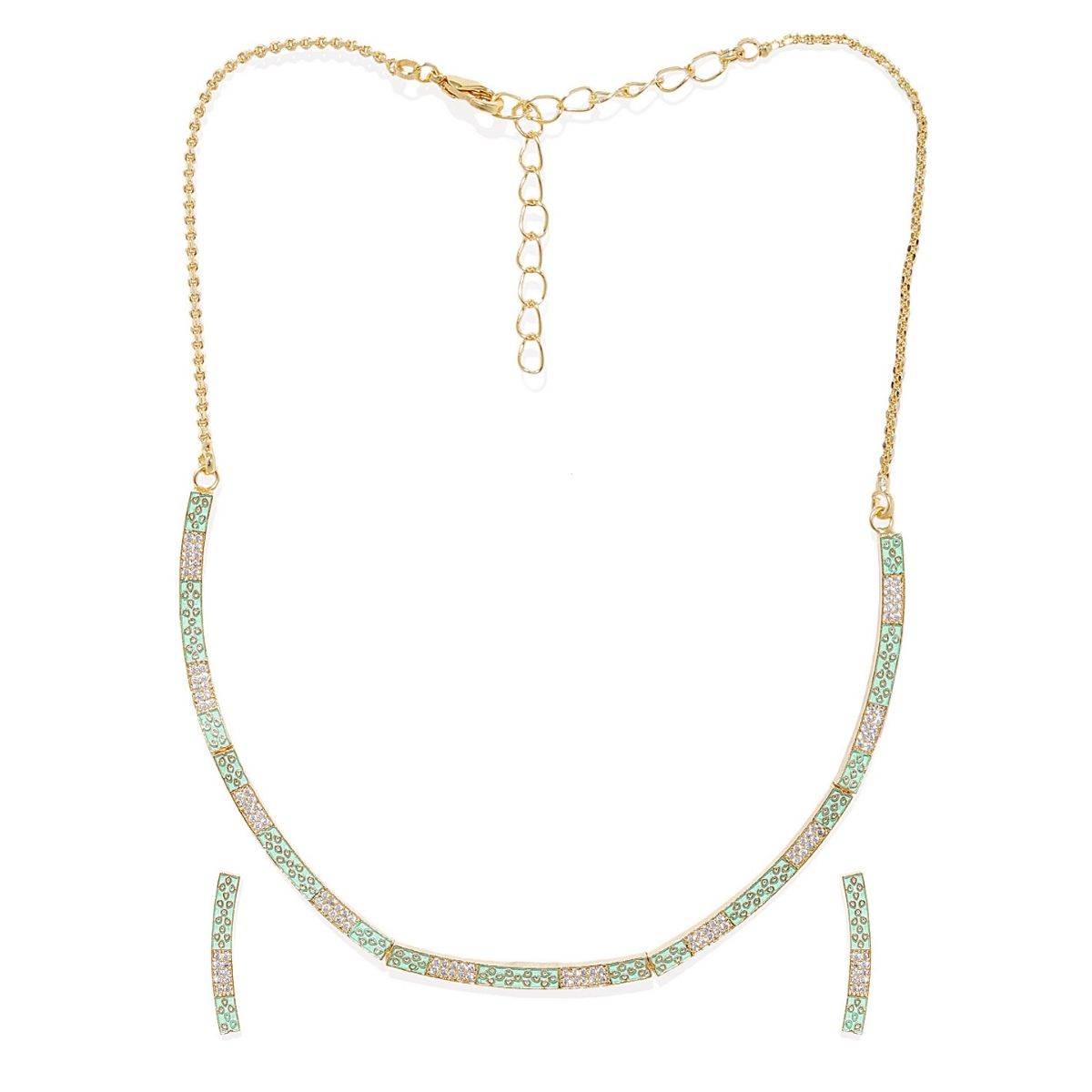 AccessHer Gold-Toned & Sea Green Gold-Plated CZ Stoned-Studded Necklace with Earring