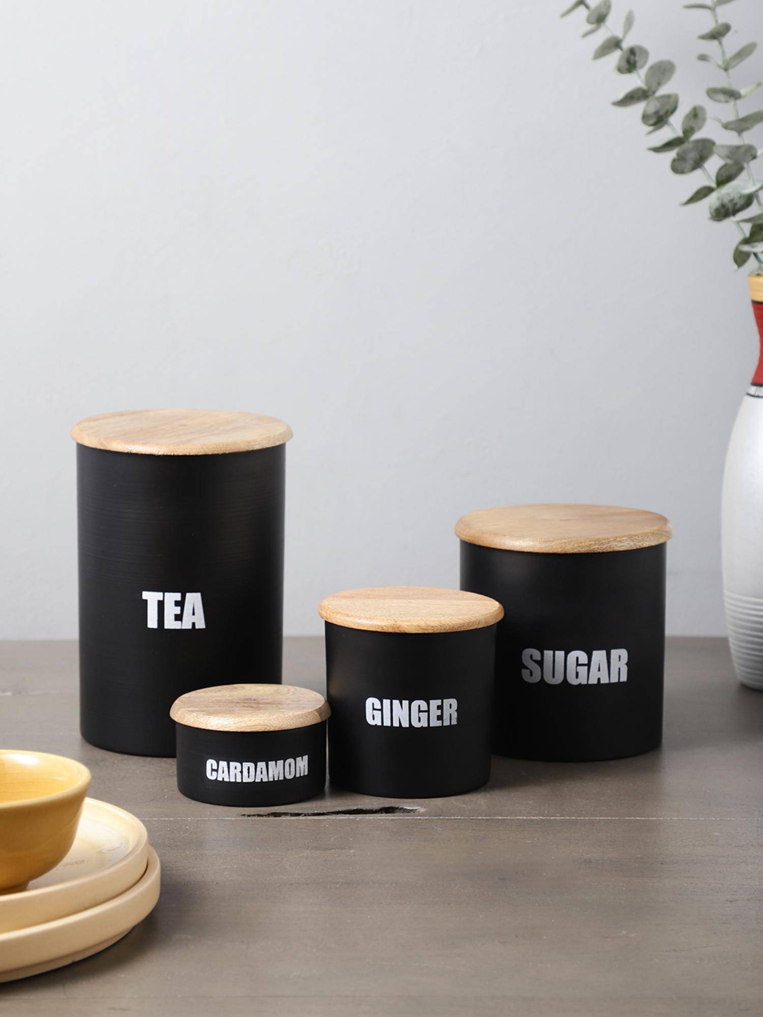 VarEesha Ardura Black Metal Tea Sugar Ginger And Cardamom Containers With Wooden Lids Pack Of 4