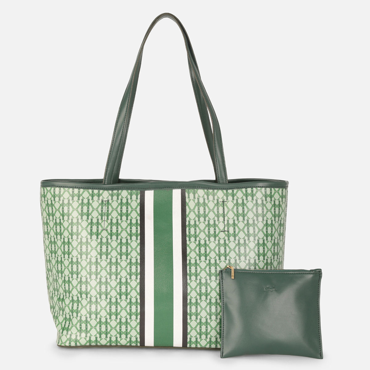 Alexis Green and White Stripped Monogram Design Tote Bag With Pouch