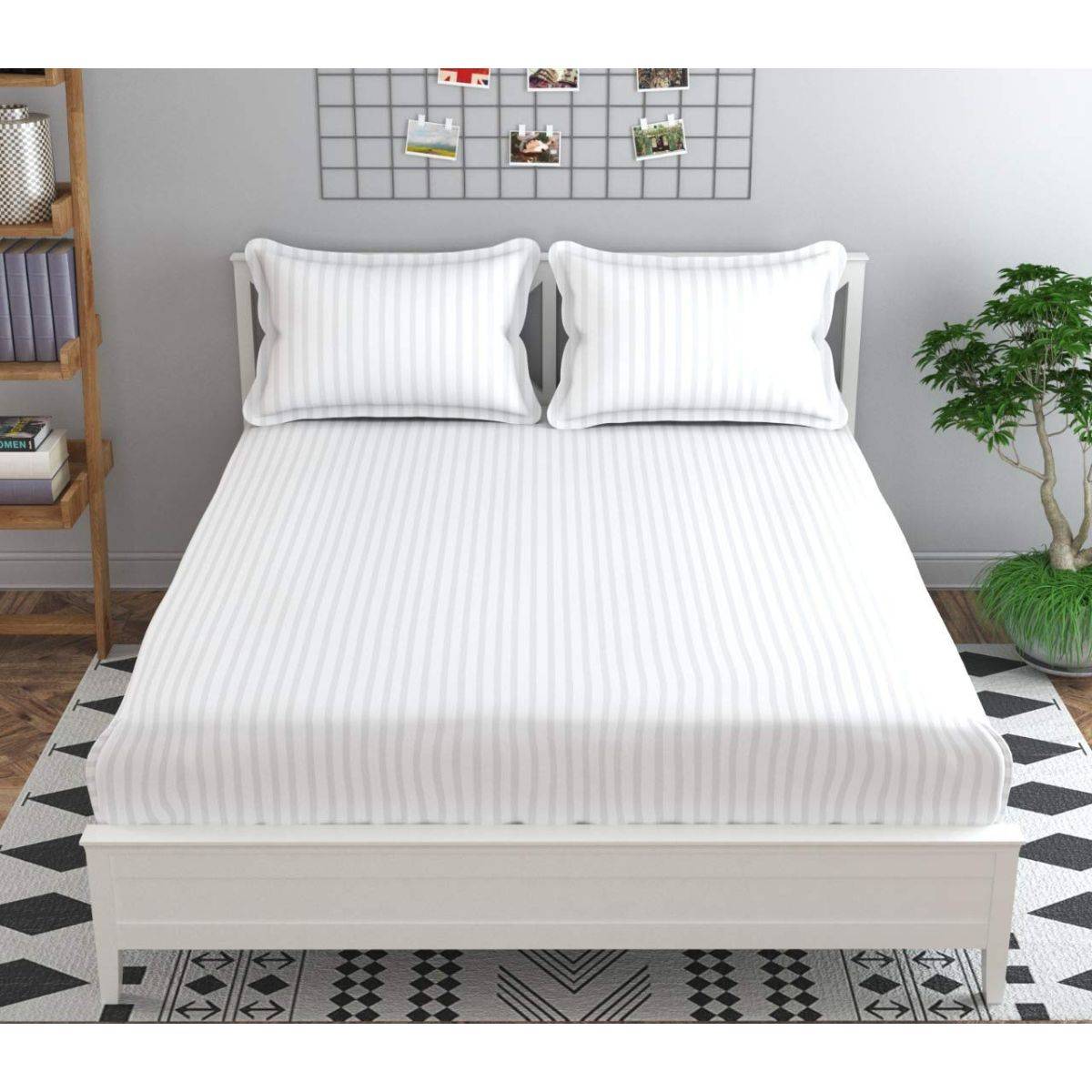 BAJO'S White Stripes Flat Bedsheet & 2 Pillow Covers (Queen)