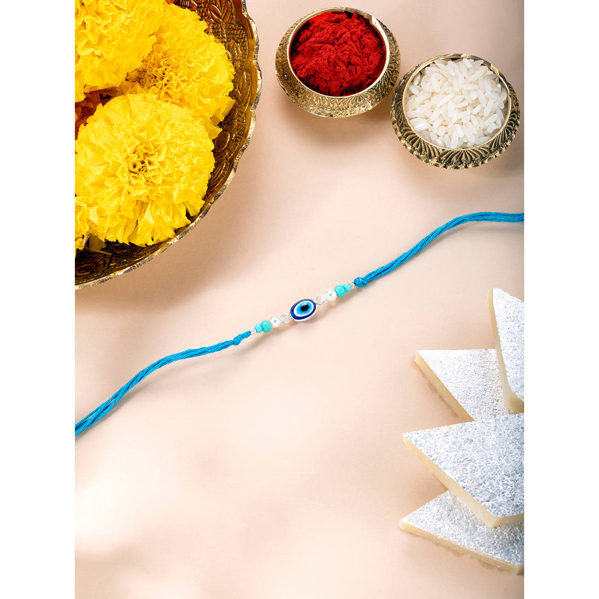 Peora Sterling Silver Blue Evil Eye Rakhi with Roli Chawal & Greeting Card