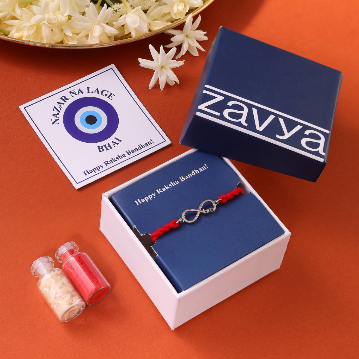 Zavya Eternal Bond Rhodium Plated 925 Sterling Silver Rakhi with Roli Chawal