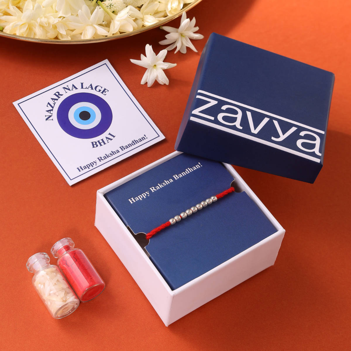 Zavya Elegant Rhodium Plated 925 Sterling Silver Beaded Rakhi with Roli Chawal