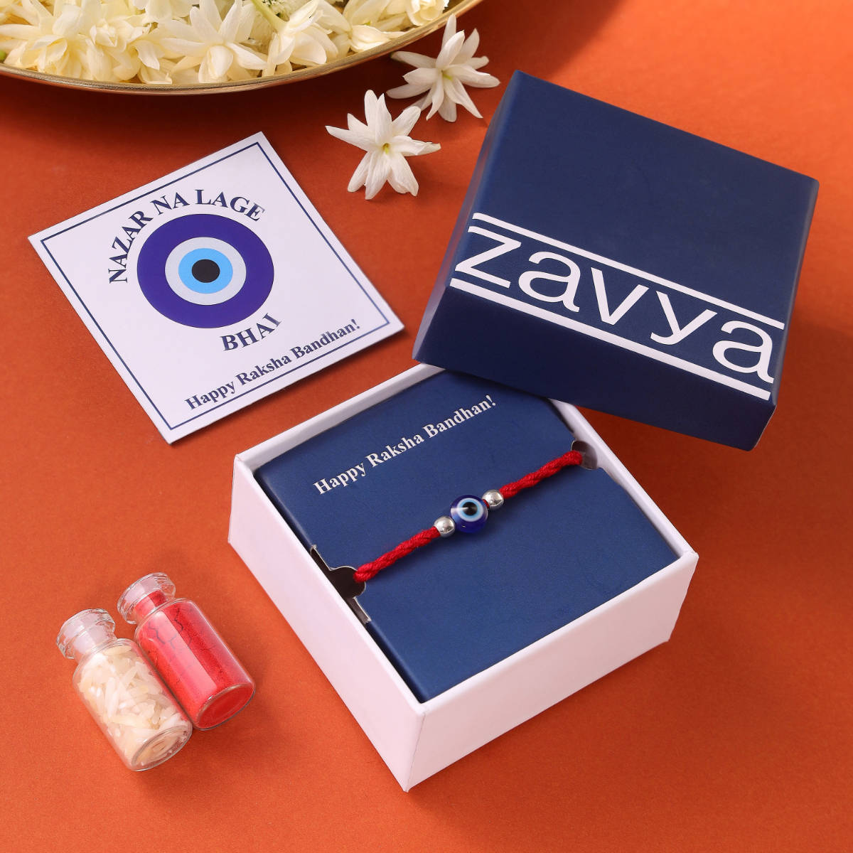 Zavya Blue Protective Evil Eye with White Stone Silver Rakhi with Roli Chawal
