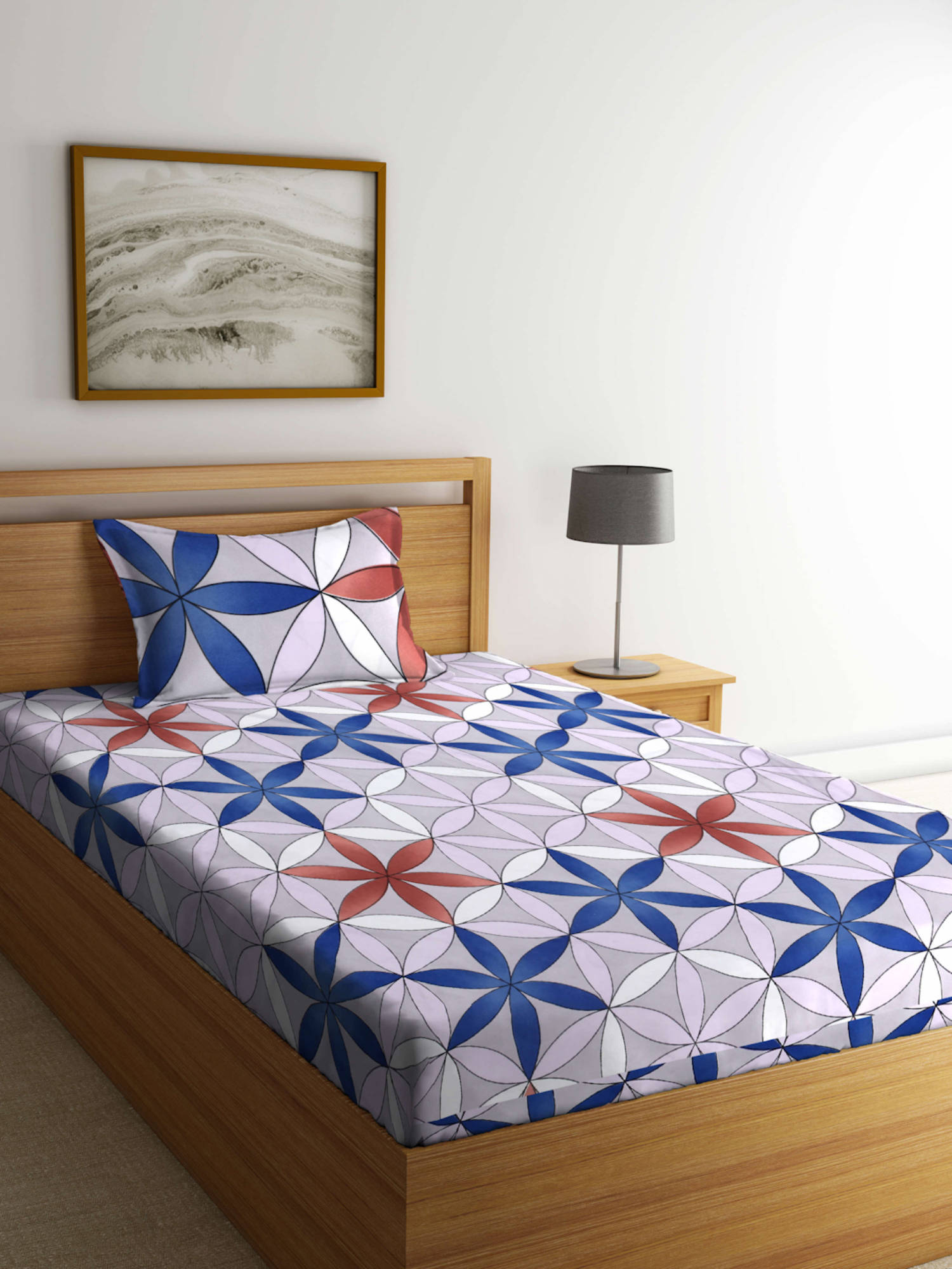 FABINALIV Multi-Color Geometric 210 Tc Cotton Blend Bedsheet with Pillow Cover (Single)