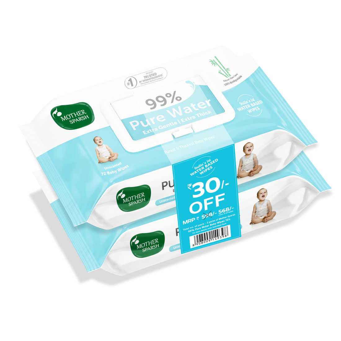Mother Sparsh 99 % Pure Water Unscented Baby Wipes Pack Of 2