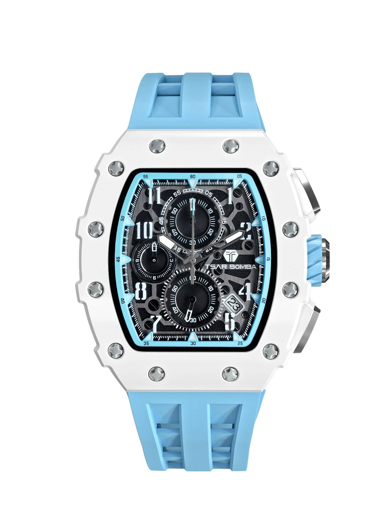 Tsar Bomba White Elemental Luxury Chronograph Skeleton Rectangular Dial Watch-Tb8204B-02 (Medium)