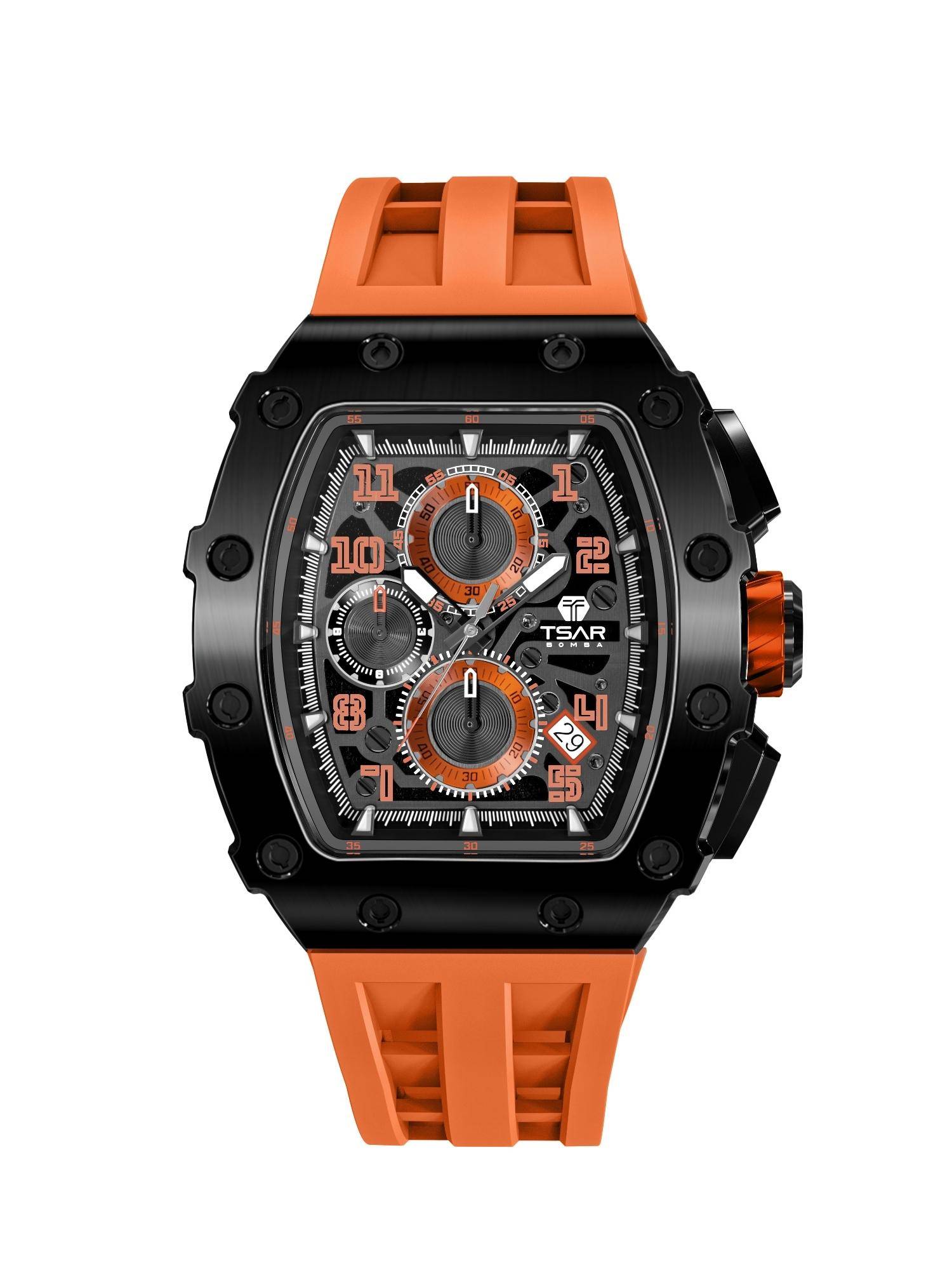 Tsar Bomba Black Elemental Men Luxury Chronograph Orange Skeleton Dial Watch-Tb8204Q-12 (Medium)
