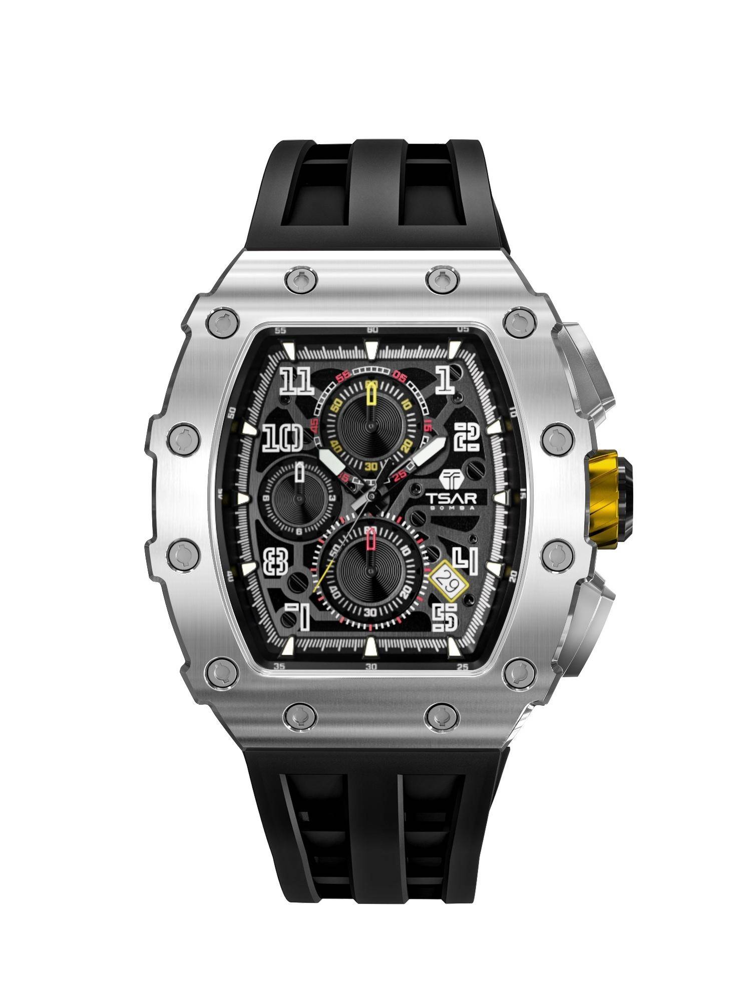 Tsar Bomba Silver Elemental Men Luxury Chronograph Black Skeleton Dial Watch-Tb8204Q-13 (Medium)