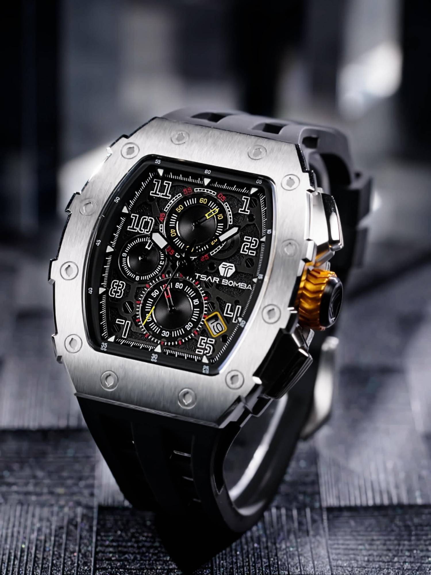 Buy Tsar Bomba Silver Elemental Men Luxury Chronograph Black