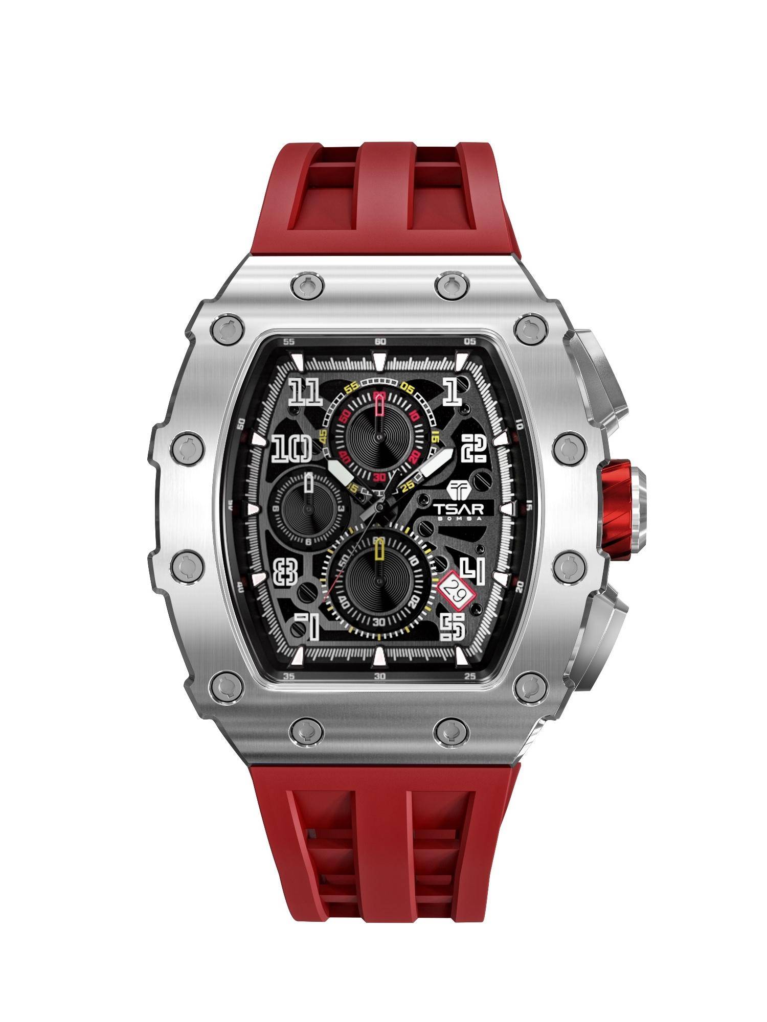 Tsar Bomba Silver Elemental Men Luxury Chronograph Black Skeleton Dial Watch-Tb8204Q-33 (Medium)
