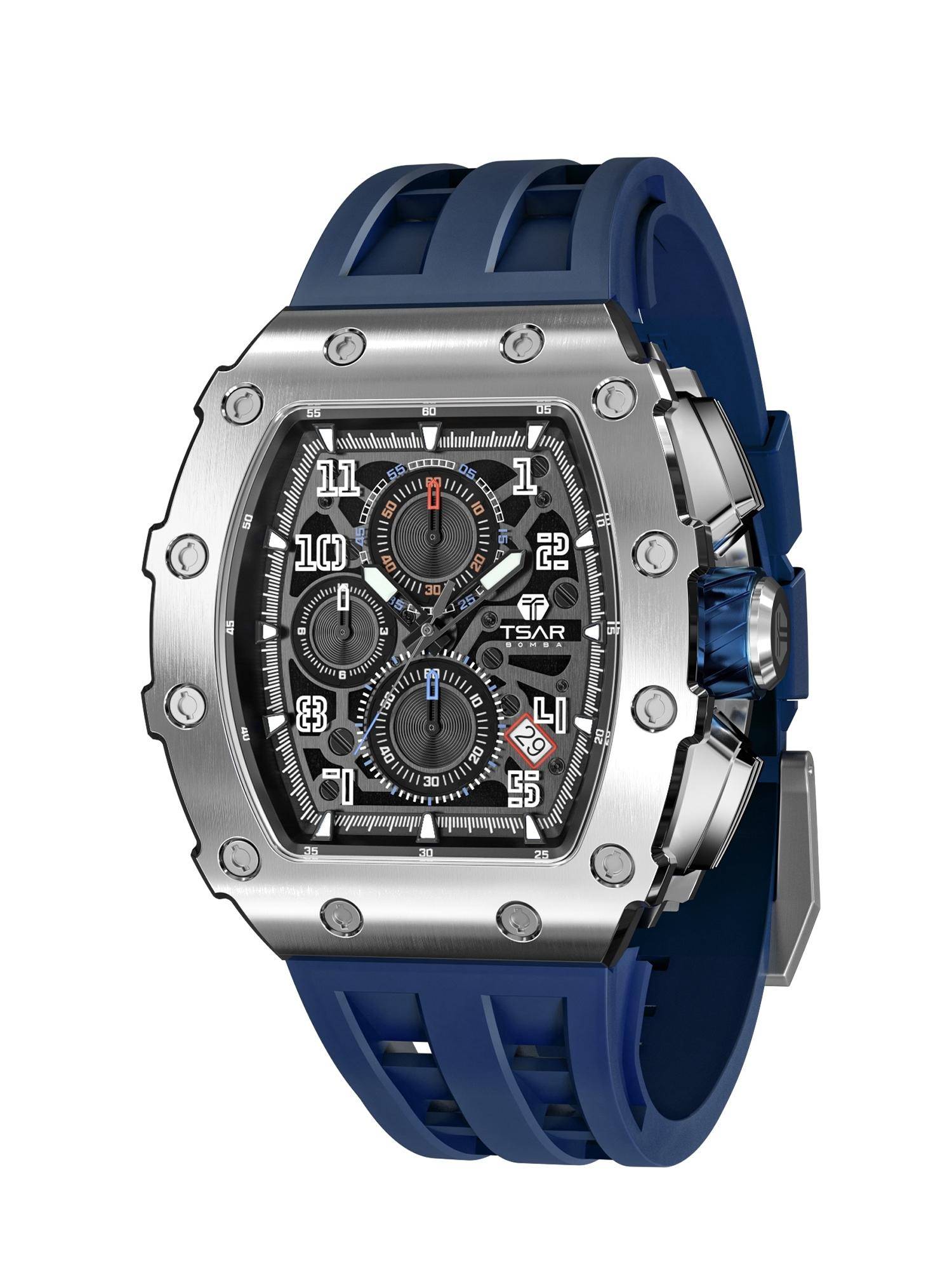 Tsar Bomba Silver Elemental Luxury Chronograph Skeleton Rectangular Dial Watch-Tb8204Q-34 (Medium)