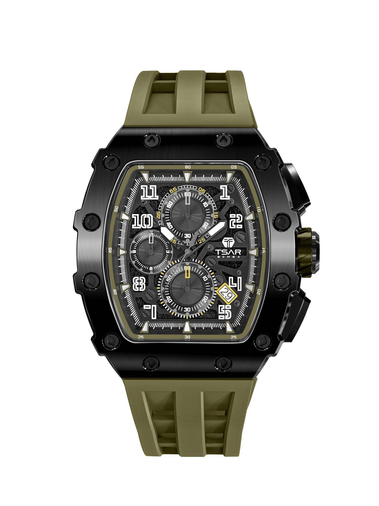 Tsar Bomba Black Elemental Men Luxury Chronograph Olive Skeleton Dial Watch-Tb8204Q-38 (Medium)