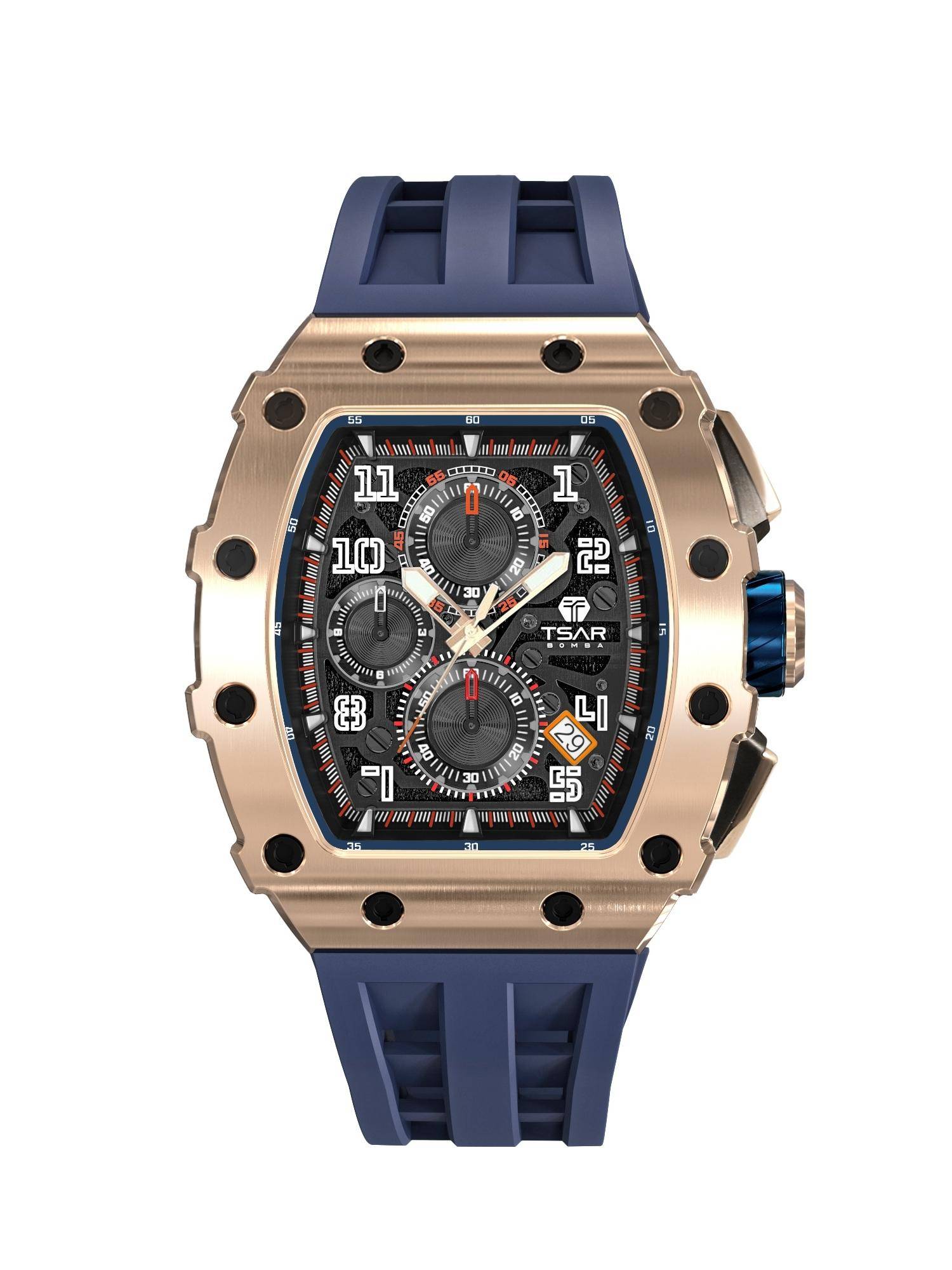 Tsar Bomba Rose Gold Elemental Luxury Chronograph Blue Skeleton Dial Watch-Tb8204Q-41 (Medium)