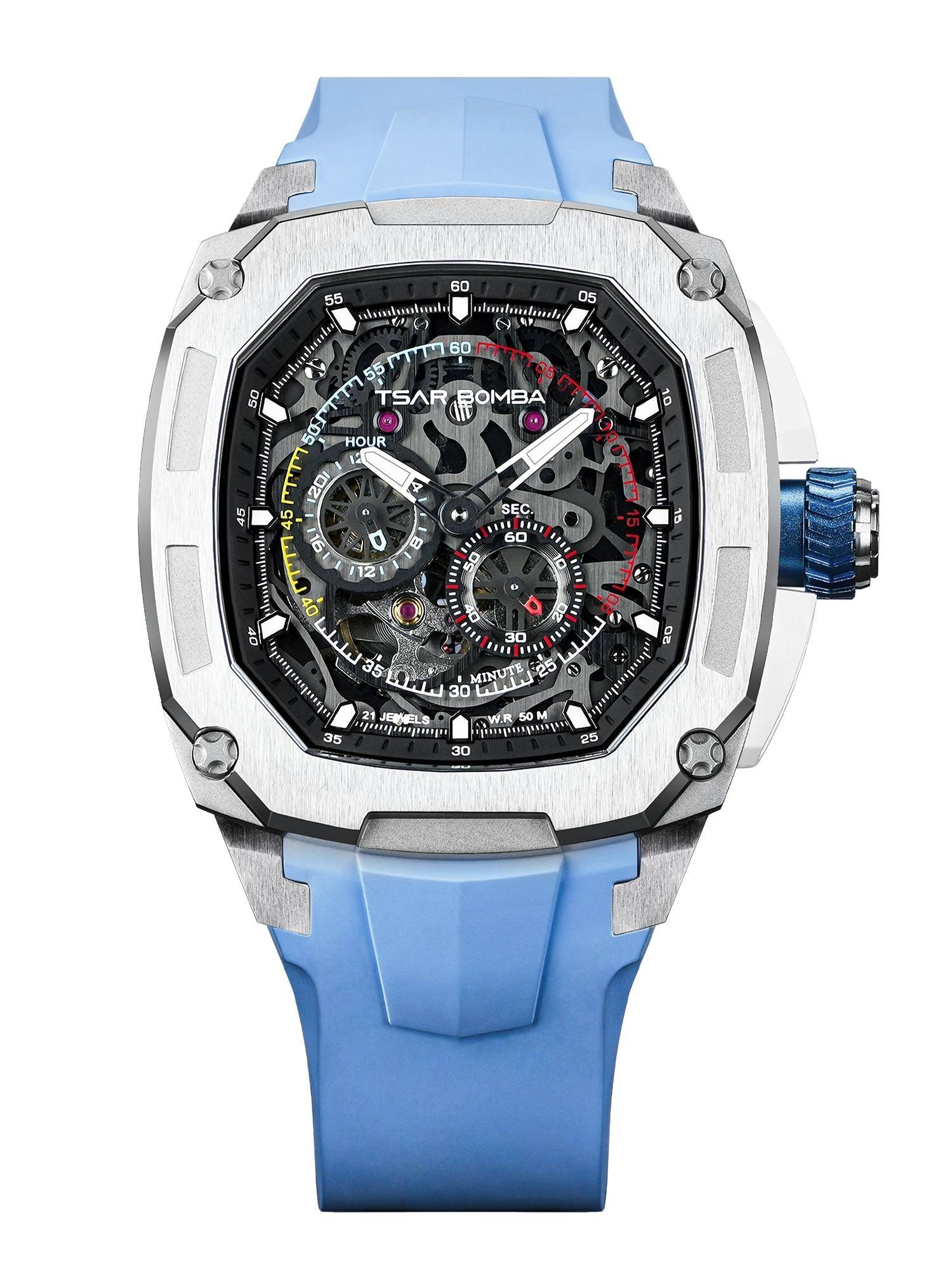 Tsar Bomba Silver Dark Matter Men Luxury Automatic Skeleton Oval Dial Watch-Tb8601-02 (Medium)