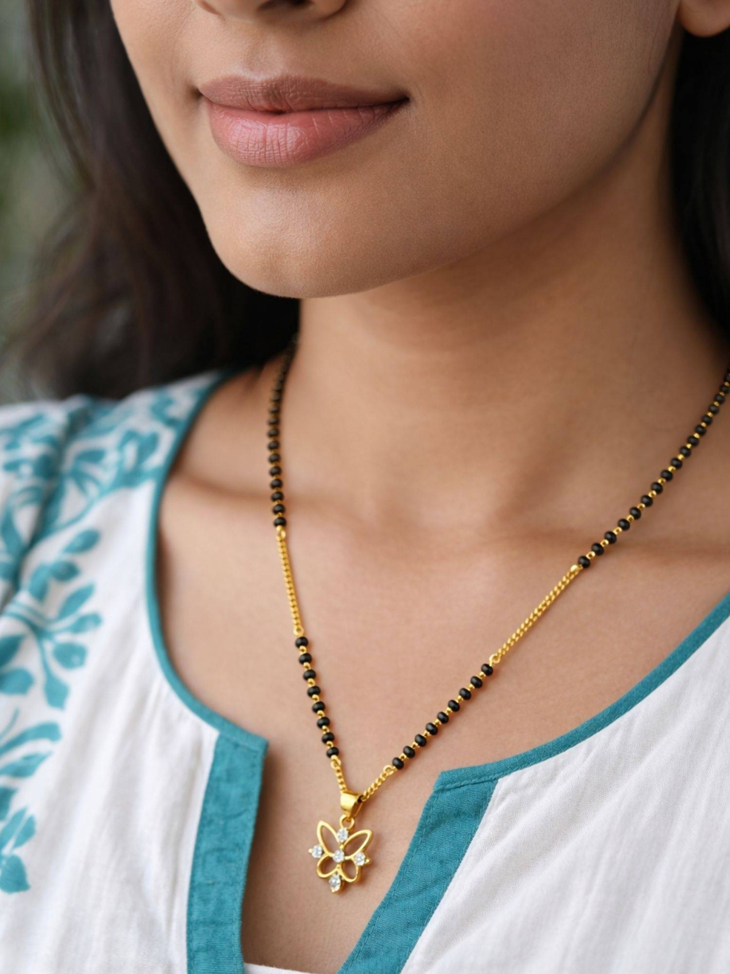 Digital Dress Room Gold Plated Butterfly Pendant Short Mangalsutra Black Beads Necklace
