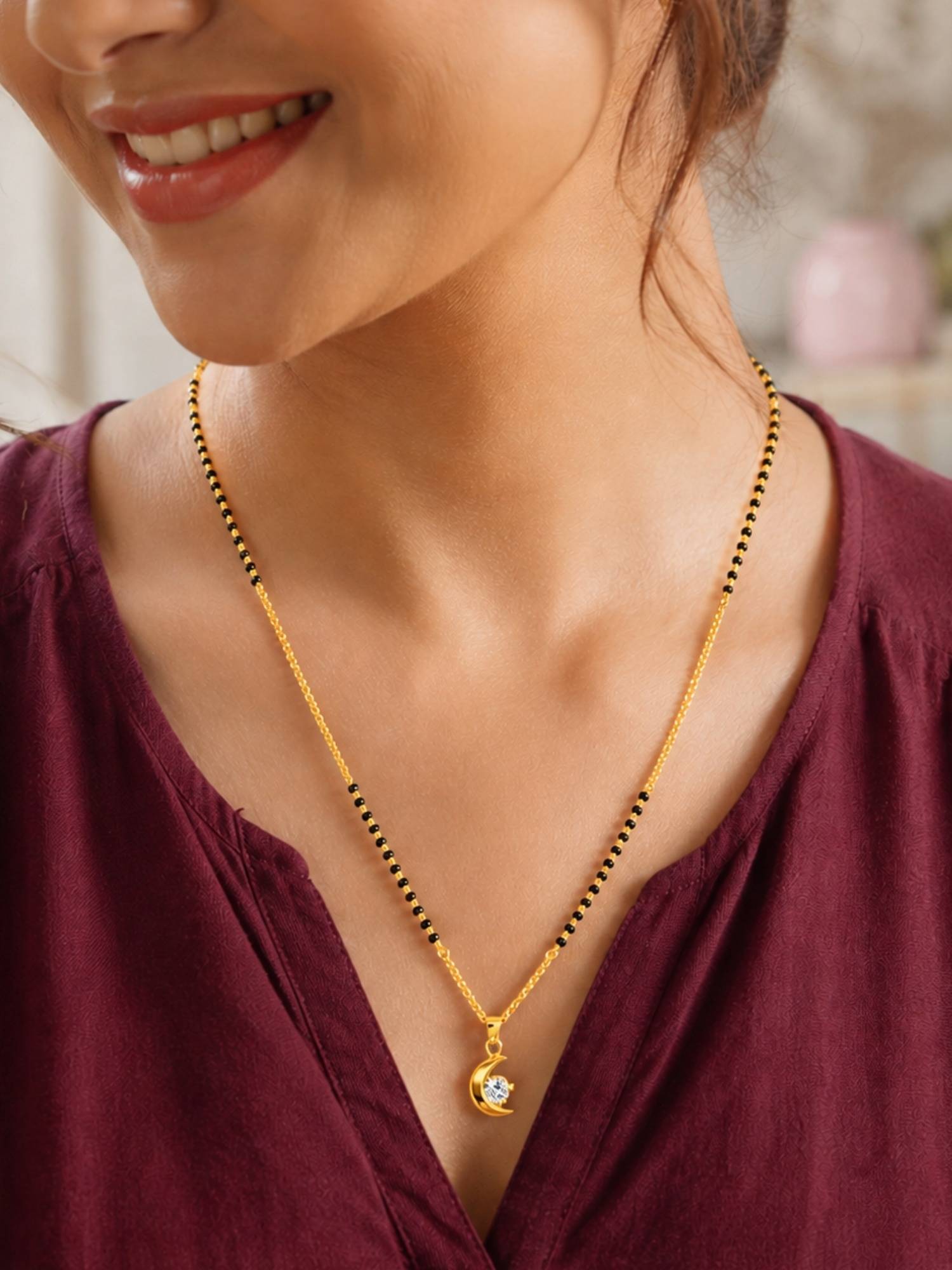 Digital Dress Room Gold Plated Crescent Moon with Crystal Stone Short Mangalsutra Necklace
