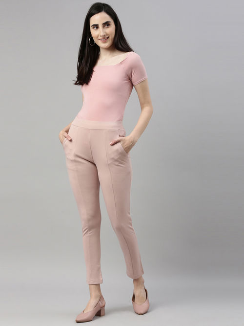 Go Colors Women Solid Dusty Rayon Mid Rise Ponte Pants - Pink (L)