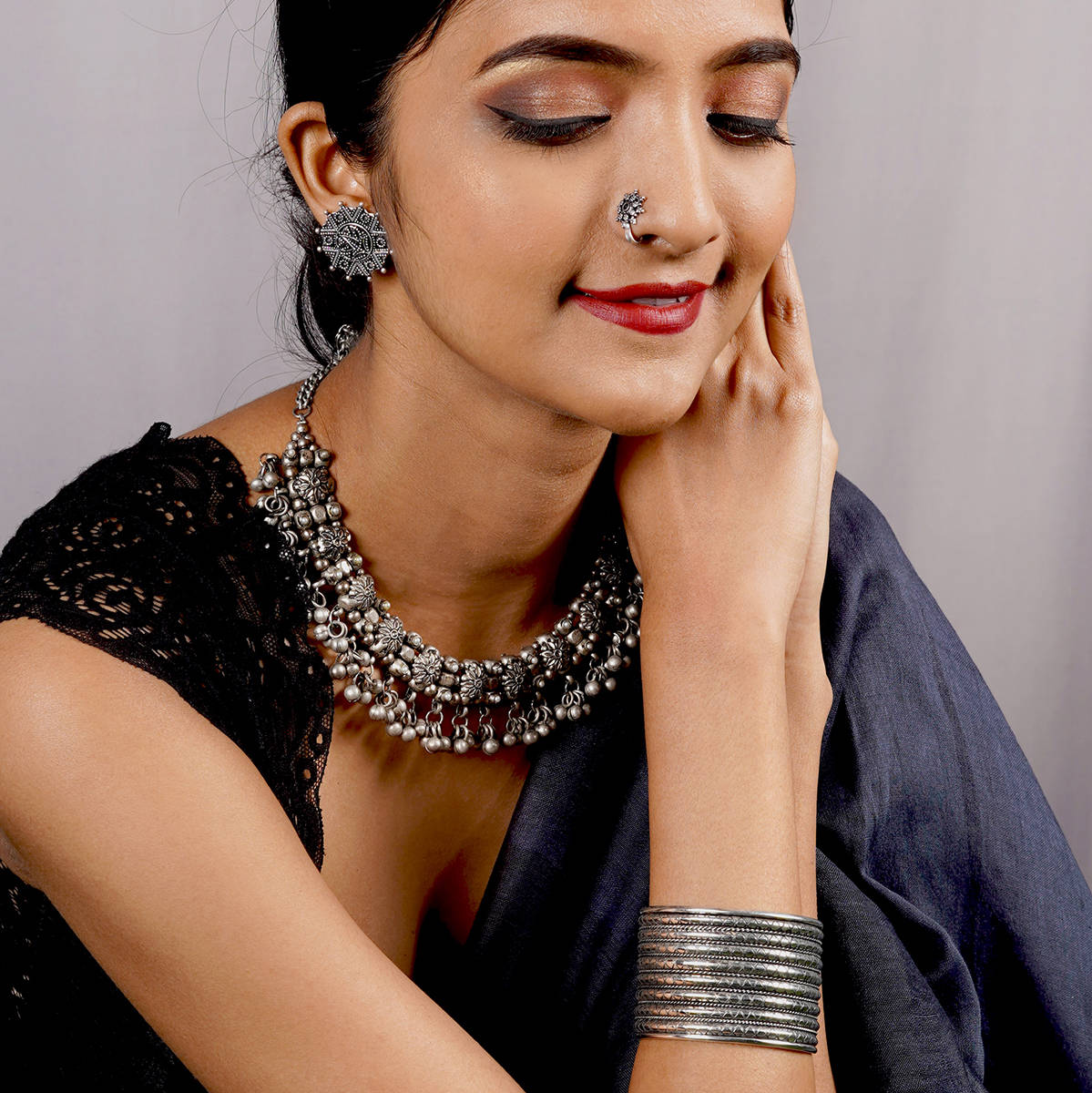 Teejh Adrija Metallic Silver Oxidised Jewlery Gift Set