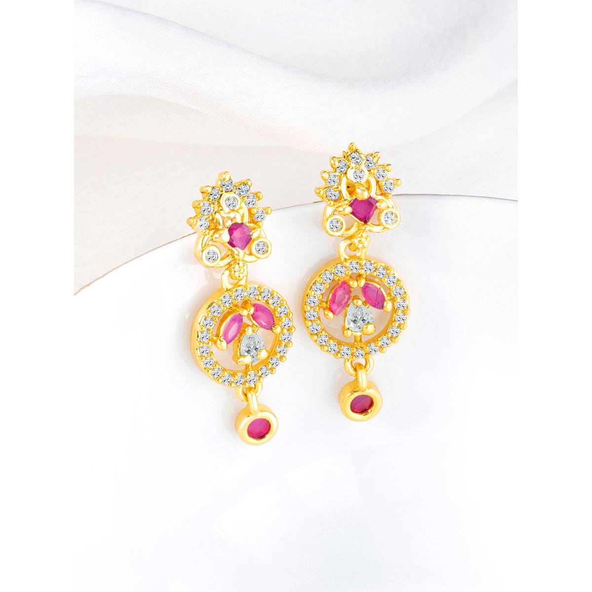 Peora Gold Plated Rani Pink Cubic Zirconia Studded Dangler Earrings