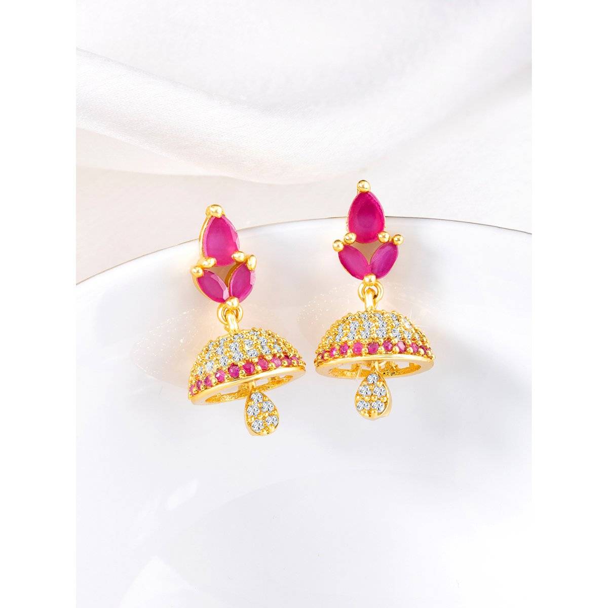 Peora Gold Plated Cubic Zirconia and Rani Pink Stone Jhumka Earrings