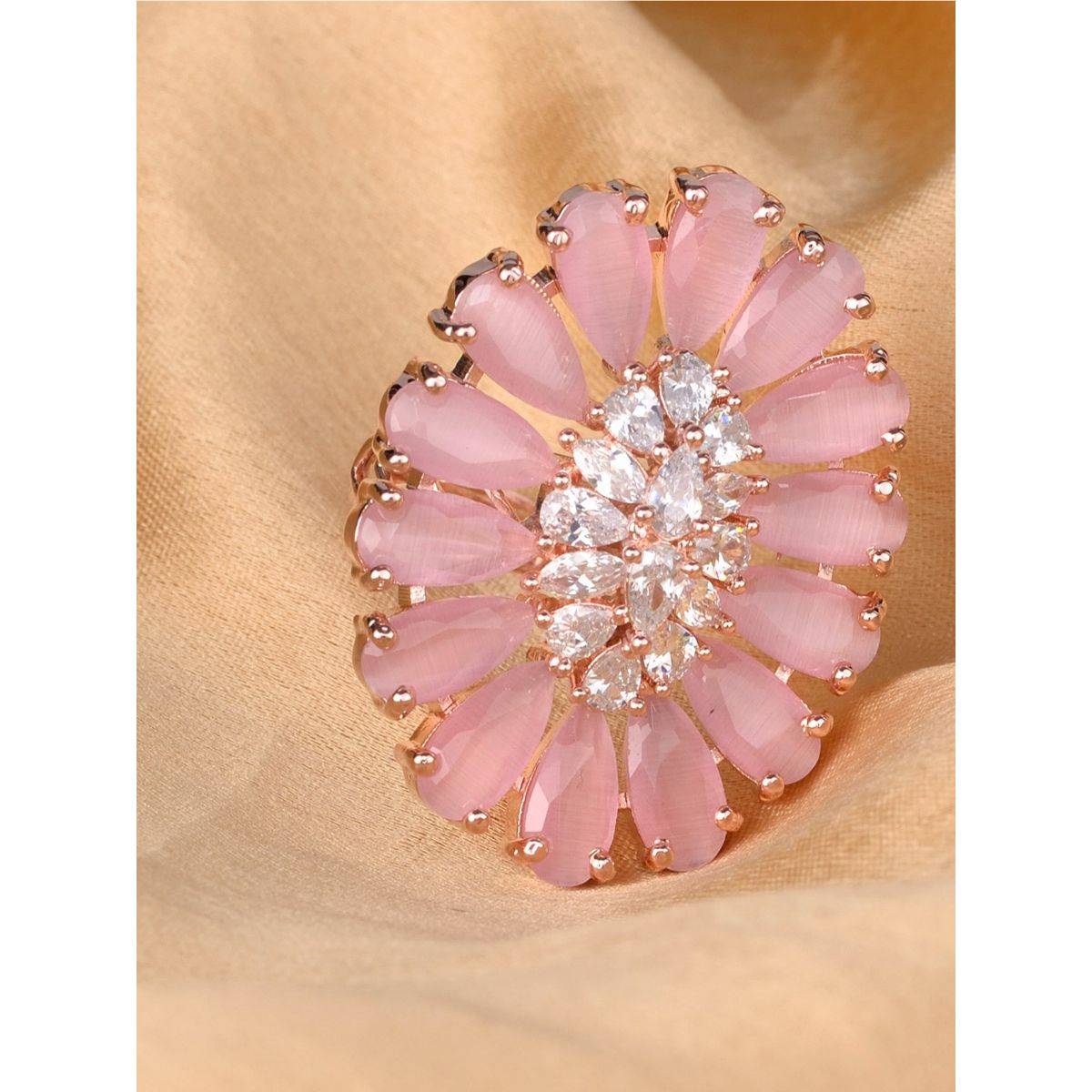 Saraf RS Jewellery Rose Quartz And Ad Encrusted Floral Ring Pink Pastel Handcrafted Adjustable (Adjustable)