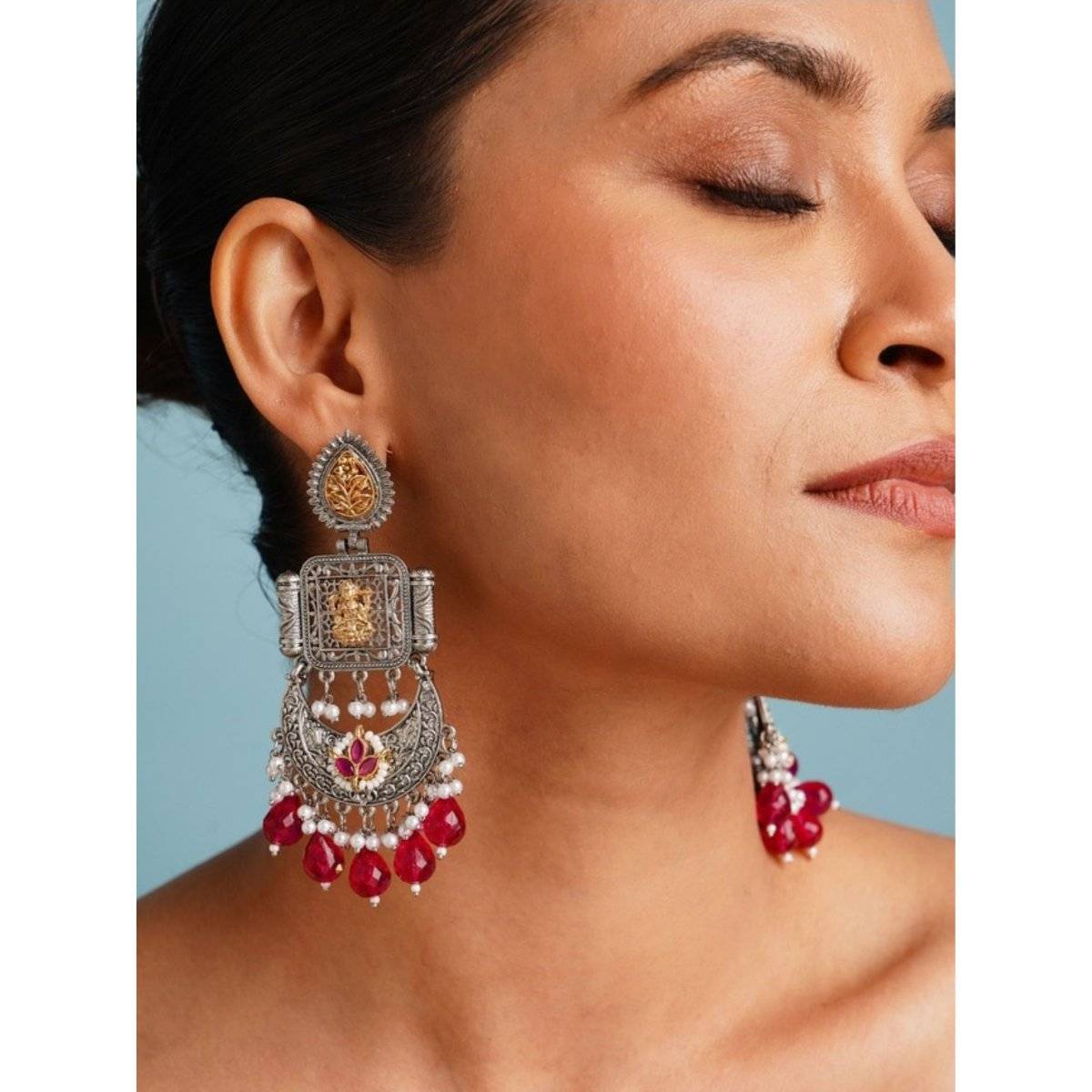 Abdesigns Red Elegant Dual Plated Temple Chandbali Earrings