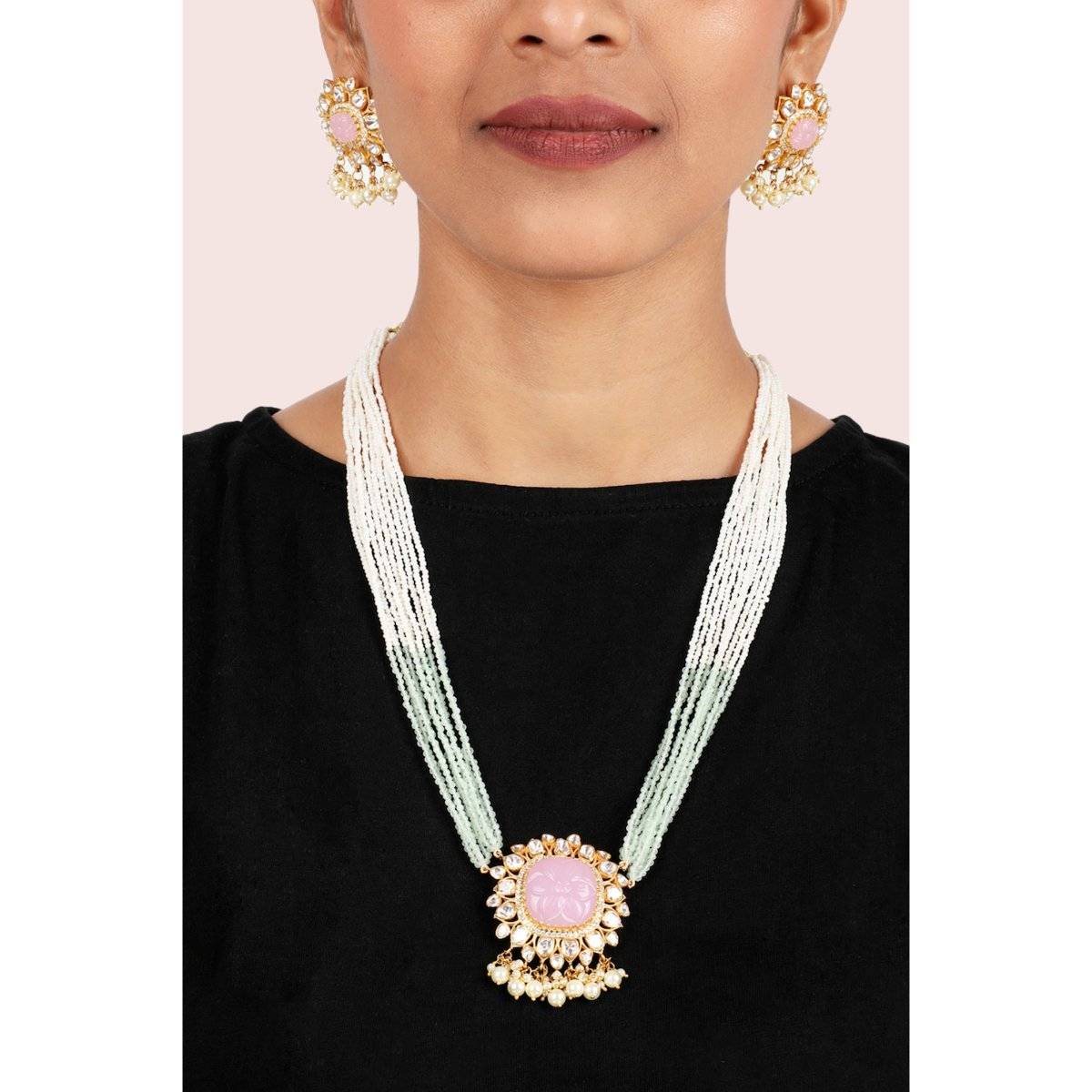 Sica Jewellery 925 Silver Moissanite Polki Rose Quartz Necklace Set