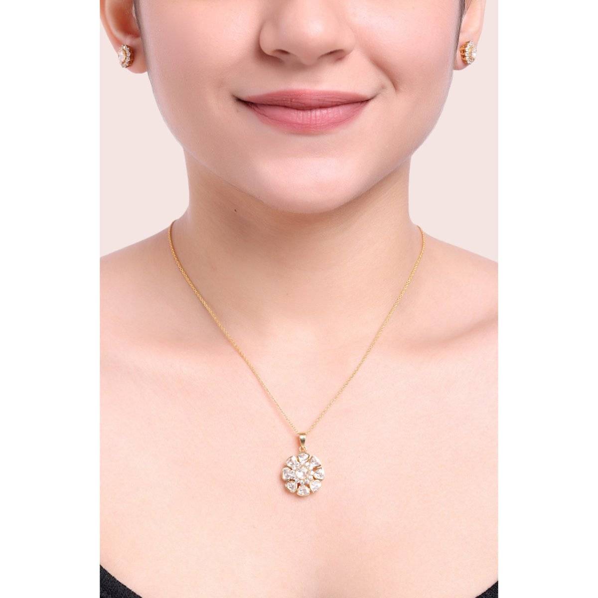 Sica Jewellery 925 Silver Moissanite Polki Floral Pendant Necklace Set