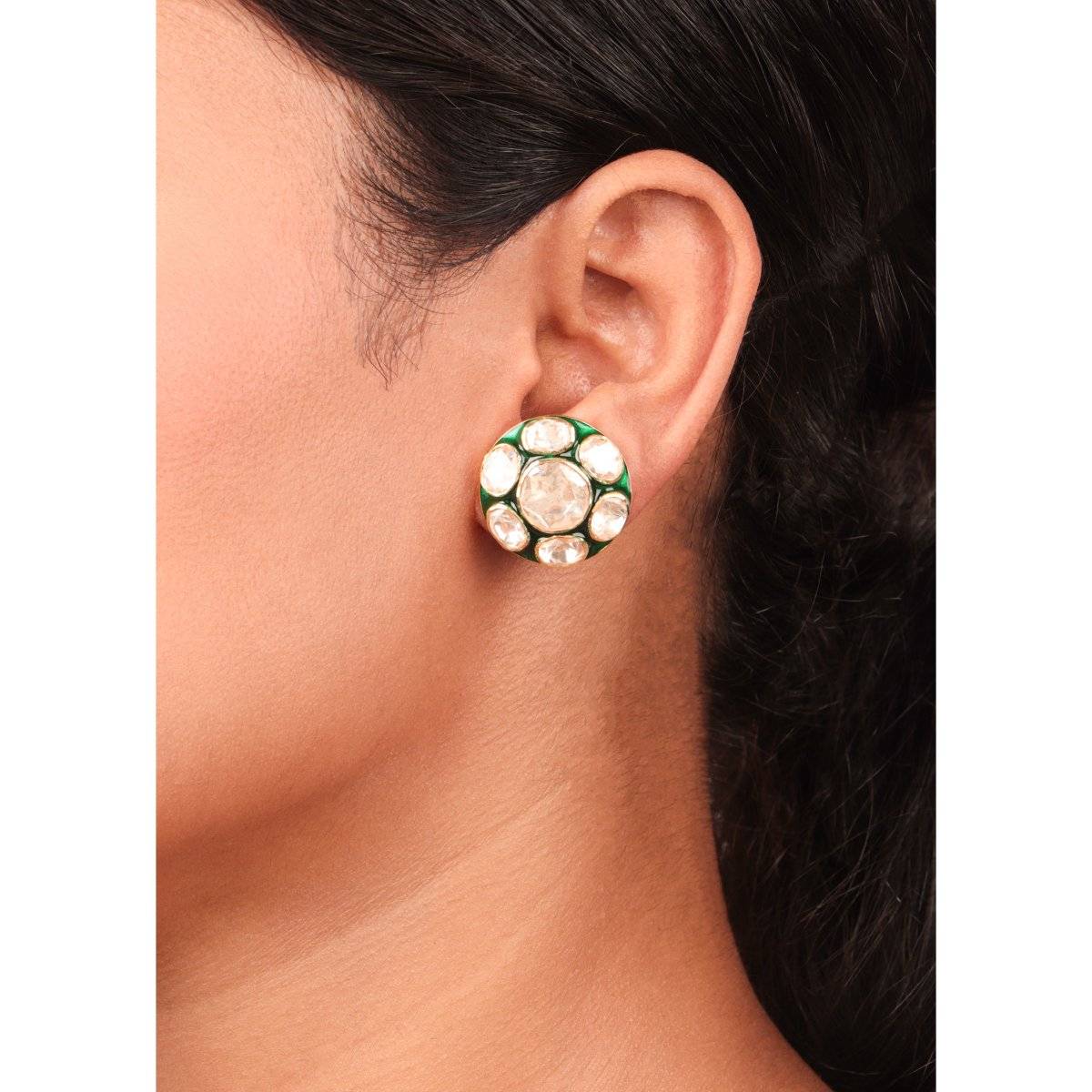 Sica Jewellery 925 Silver Moissanite Kundan Green Meenakari Stud Earrings