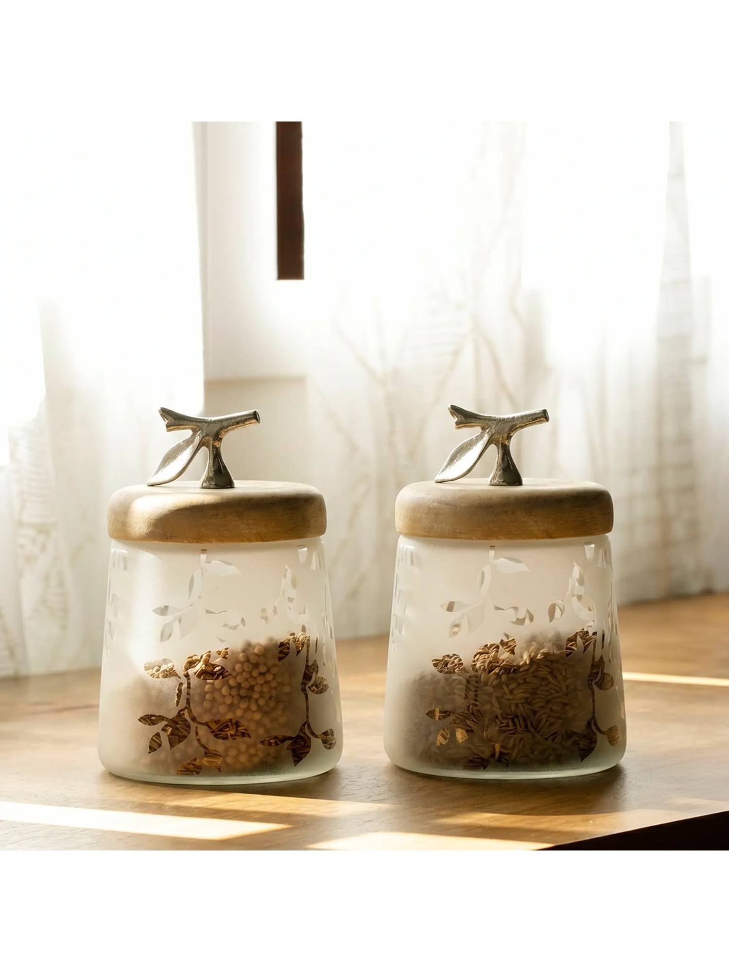 Ellementry Twigy Frosted Glass Jar with Wooden Lid (Pack Of 2)