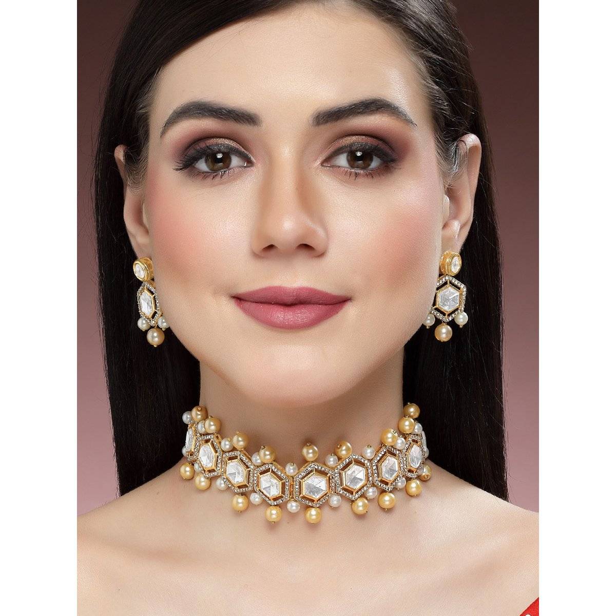 Karatcart Golden Pearl Studded Polki Kundan Choker Necklace Set for Women