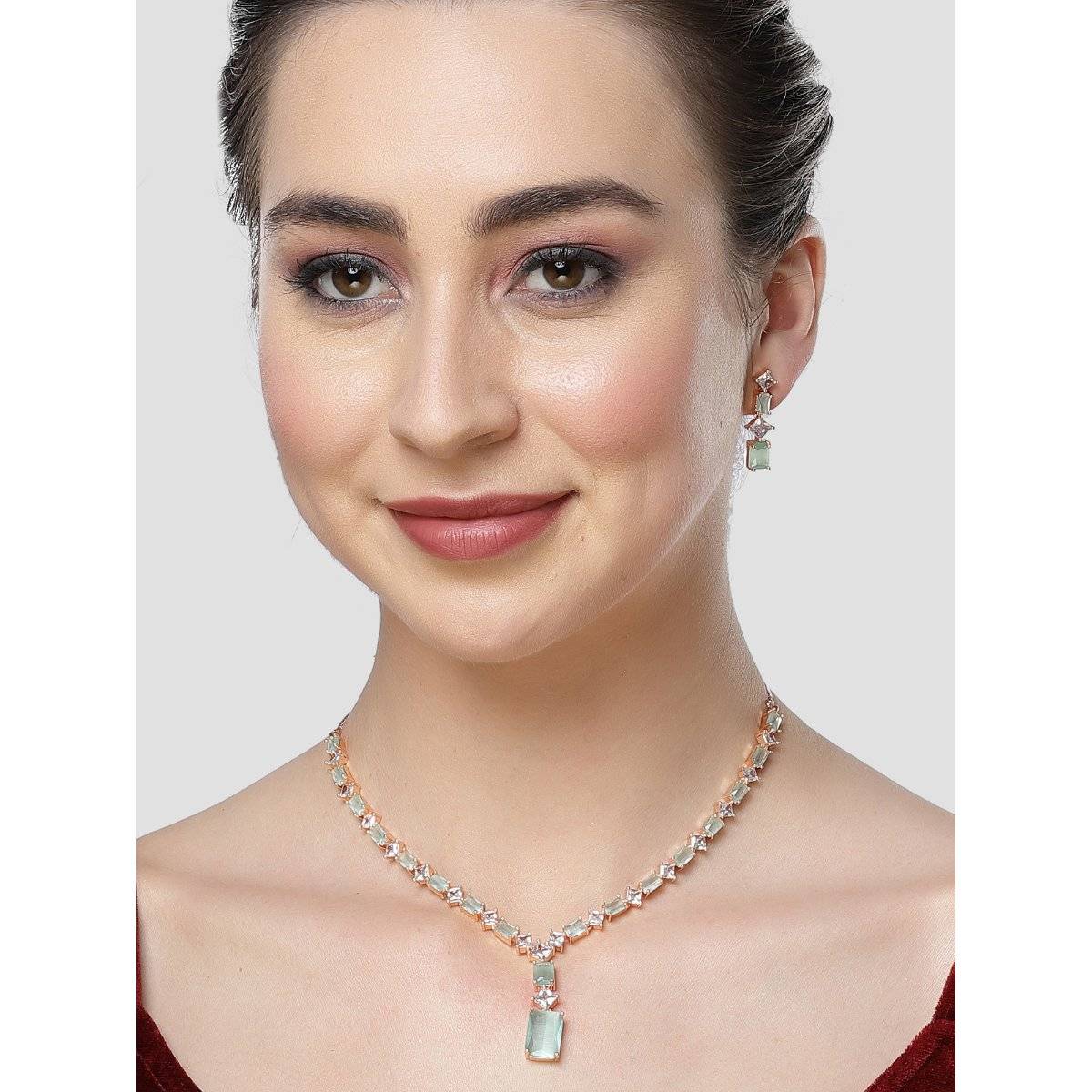 Karatcart Light Green Cubic Zirconia Studded Rose Gold Plated Necklace Set for Women