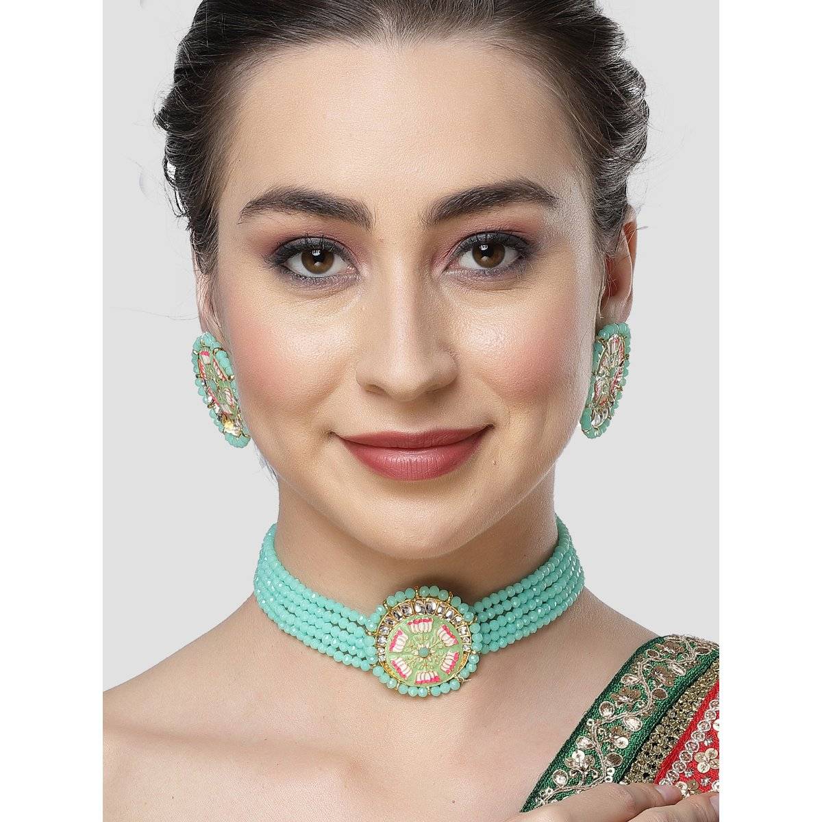 Karatcart Light Green Meena Lotus Design Crystal Choker Necklace Set for Women
