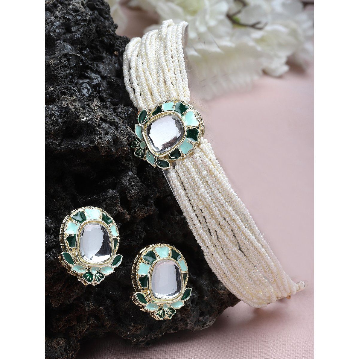 Buy Karatcart Green Meena White Moti Choker Necklace Set For Women Online