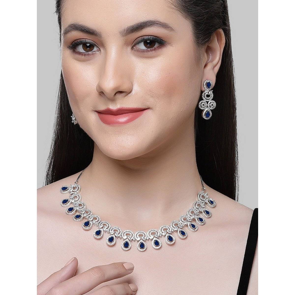 Karatcart Silver Plated Blue Cubic Zirconia Necklace Set for Women