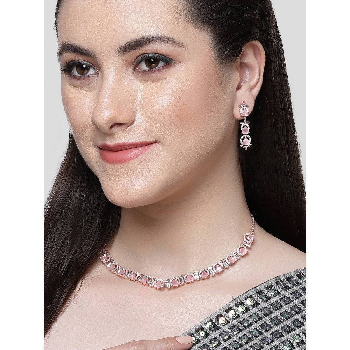 Karatcart Rose Gold Plated Pink Triangular Cubic Zirconia Studded Necklace Set for Women