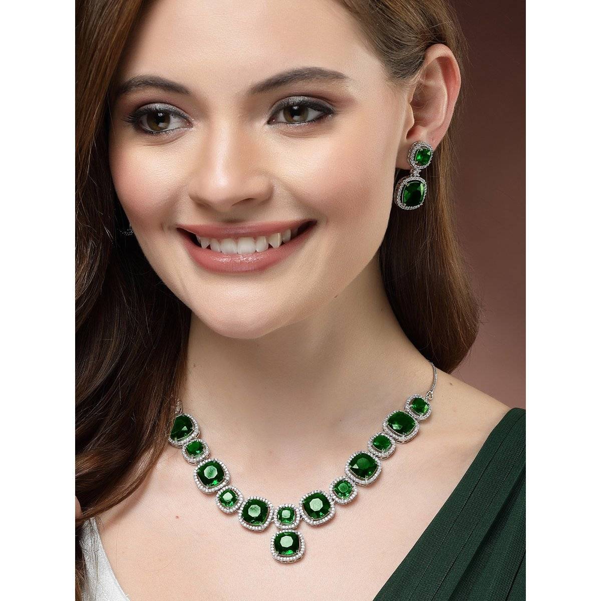 Karatcart Silver Plated Green Cubic Zirconia Traditional Jewellery Set