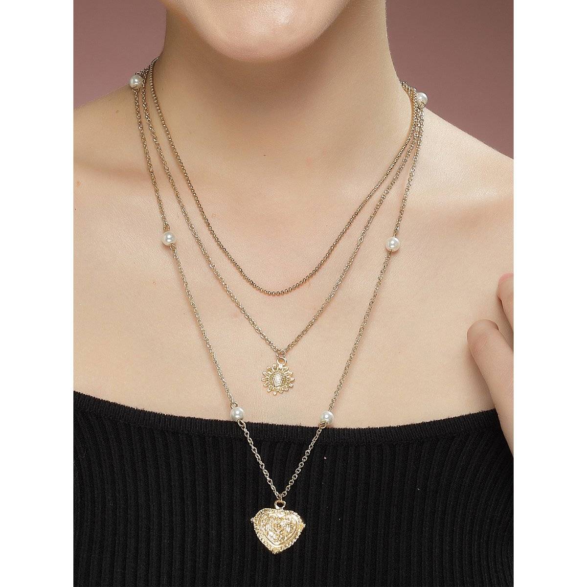 Karatcart Gold Plated Heart and Sunflower Charm Multilayered Chain Necklace for Women