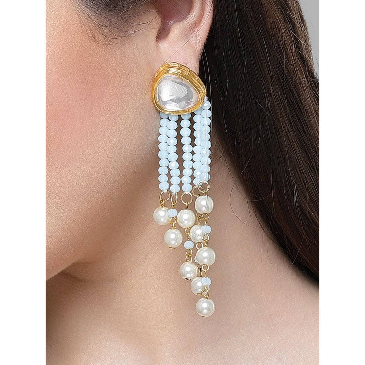 Karatcart Gold Plated Aqua Crystal Kundan Drop Earrings for Women