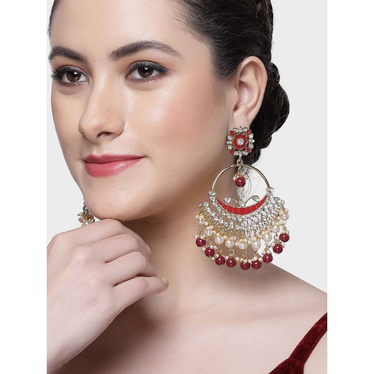 Karatcart Gold Plated Red Beads and Pearl Kundan Chandbali Earrings for Women