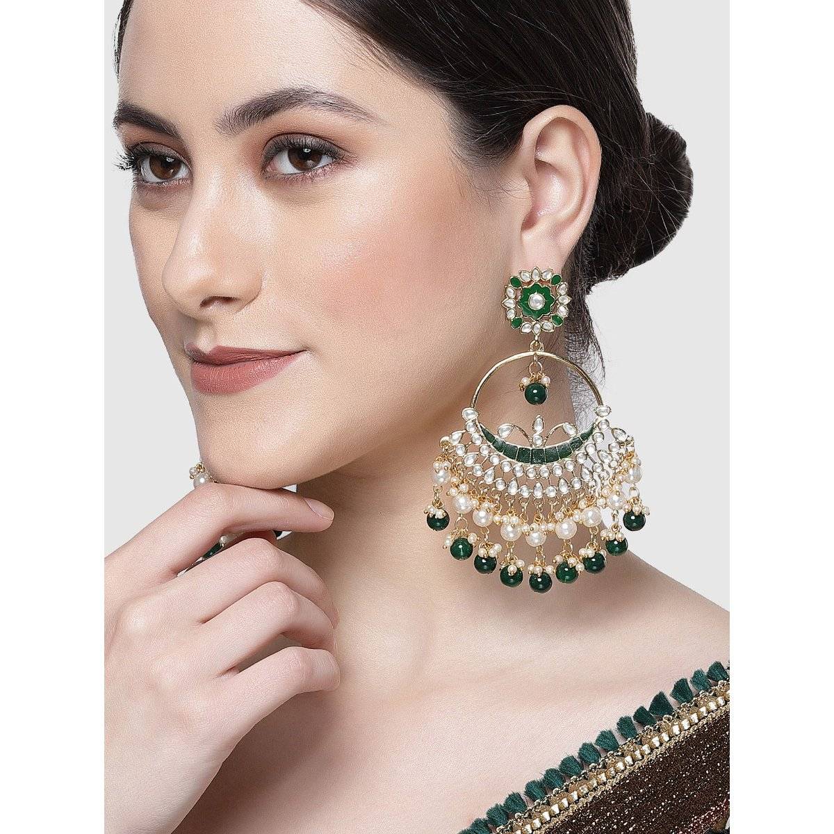 Karatcart Gold Plated Green Beads and Pearl Kundan Chandbali Earrings for Women