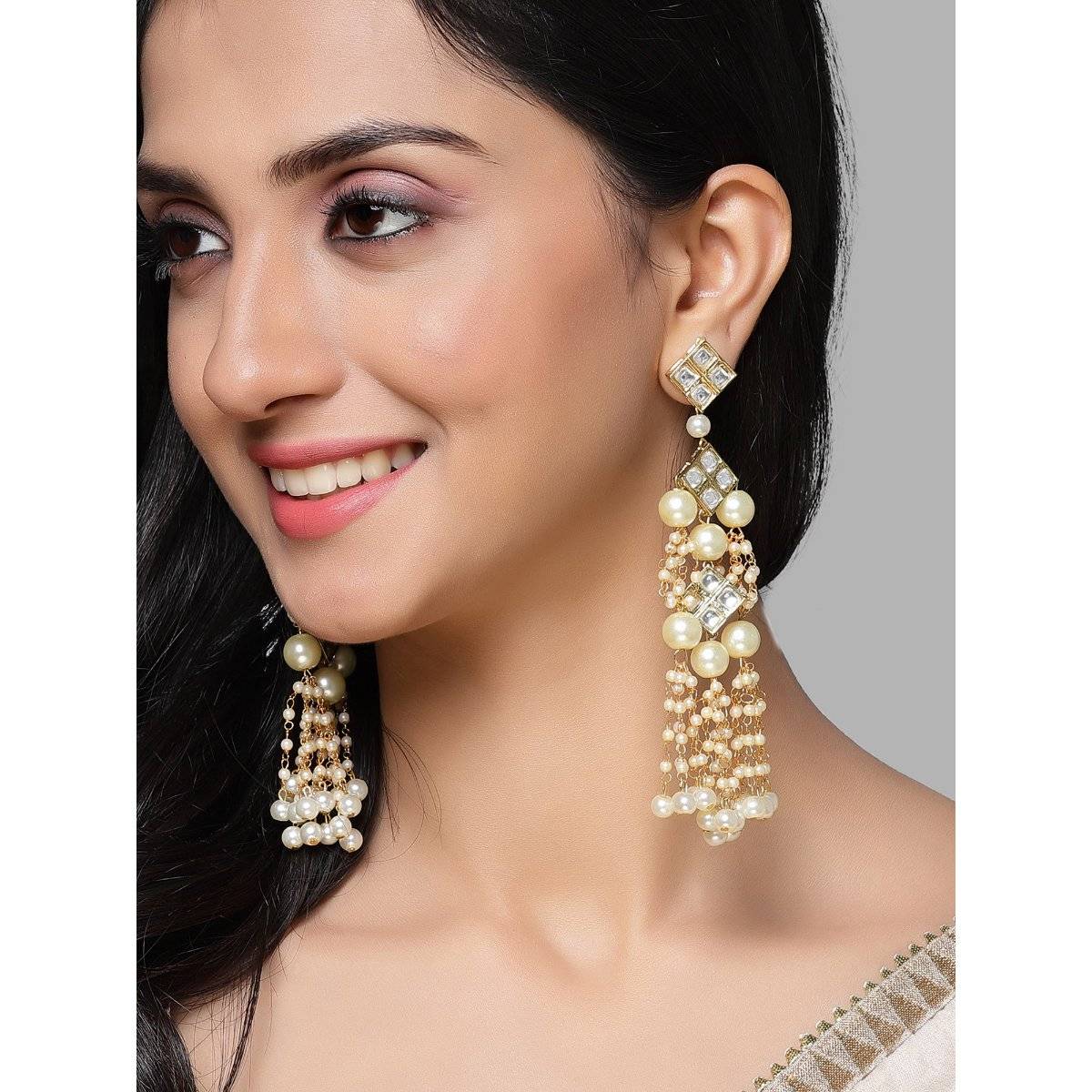 Karatcart Gold-Plated Square Kundan and Pearl Drop Earring for Women